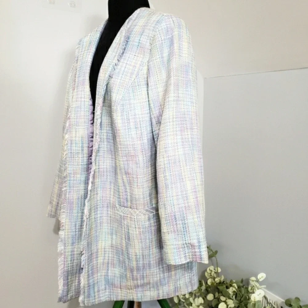 Vintage Maggie Barnes Pastel‎ Mint Lavender Raw Frayed Open Blazer Plus Size 18W